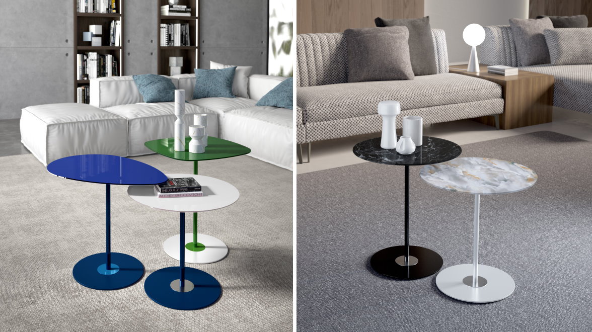 Sofa side tables with coloured or marble effect glass tops