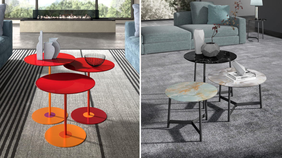 Sofa side tables with coloured or marble effect glass tops