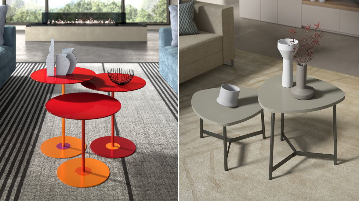 Tavolini da salotto in vetro colorato e melaminico