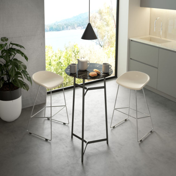 Tavolino alto da bar o cucina con piano rotondo in effetto marmo Milord