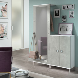 Specchiera appendiabiti in versione cemento integrata da scarpiera