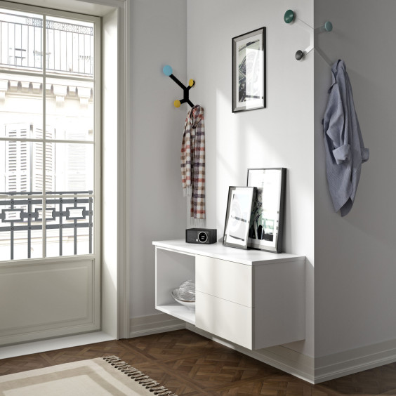 A small entryway furnished with wall mounted storage cabinets and two corner coat hooks