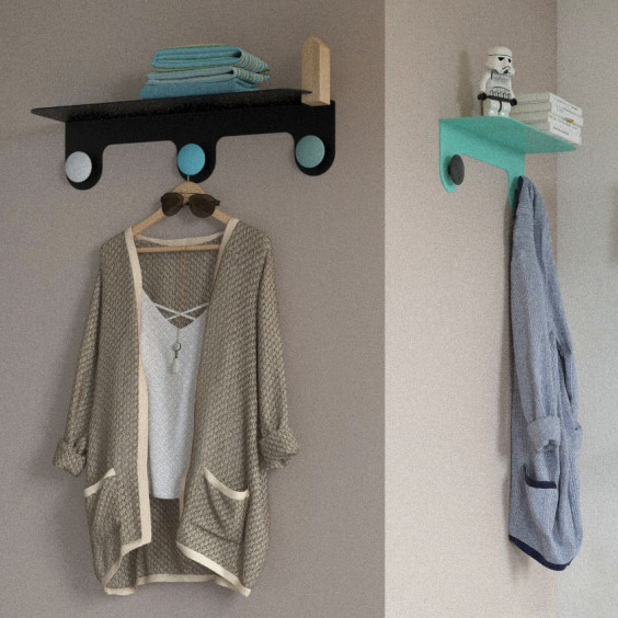 Modern metal wall mounted coat rack with shelf and 2 or 3 round hooks