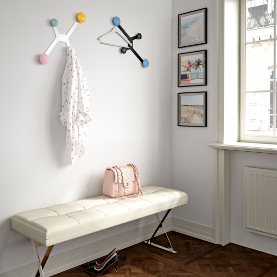 4 hook wall coat rack with white or black structure, matching or multi coloured round hooks