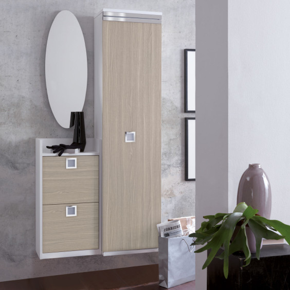 Hall cabinet with sliding door, shoe rack and oval mirror