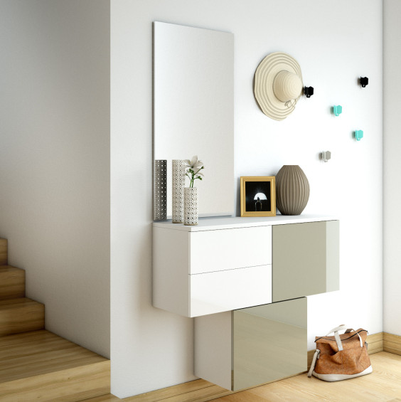 Set of hallway floating cube storage with doors and drawers, mirror and coat hooks