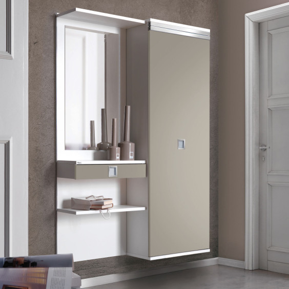 Floating hallway cabinet with sliding door and panel with mirror and drawer