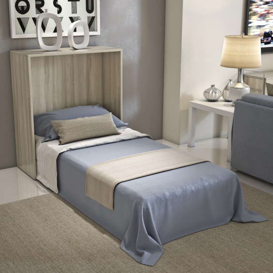 Night'n Day 492 is a cabinet containing a compact foldable single bed with mattress and wood slats