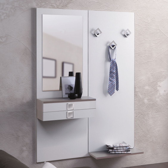Modern hallway coat rack with drawers and mirror