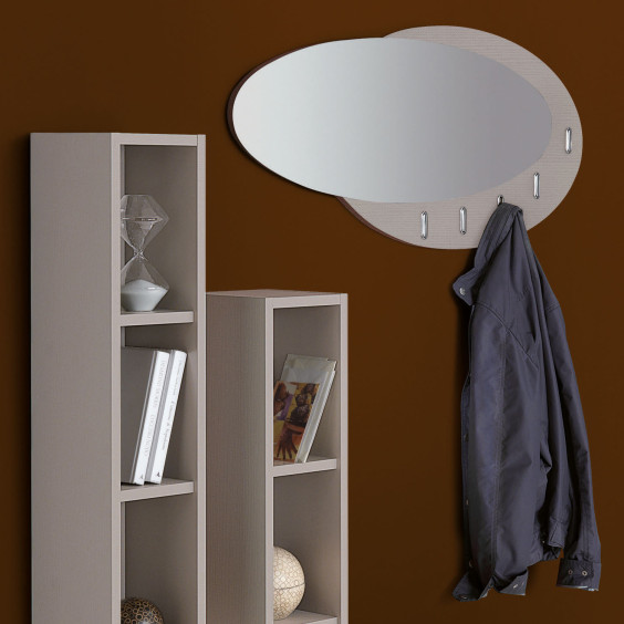 Family 314 wall mounted coat rack with mirror, equipped with 5 metal recessed hooks