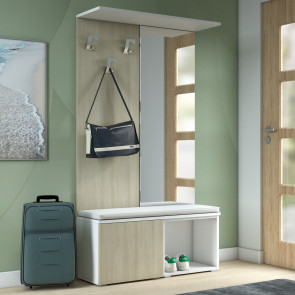 Hall tree with bench and shoe storage, a convenient mirror and an upper shelf