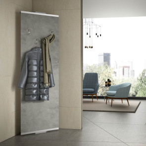 Corner coat stand with hooks and mirror attached to a rotating panel