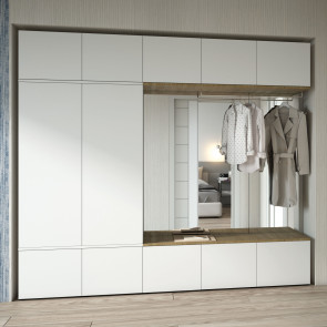 Modular hallway wardrobe for coats and shoes, with bench and mirror