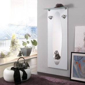 Tall mirror with coat hooks and upper shelf