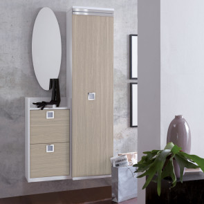 Hall cabinet with sliding door, shoe rack and oval mirror