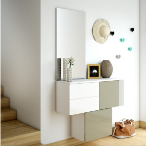 Set of hallway floating cube storage with doors and drawers, mirror and coat hooks