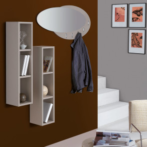 Hallway set with vertical shelves and mirror with coat hooks