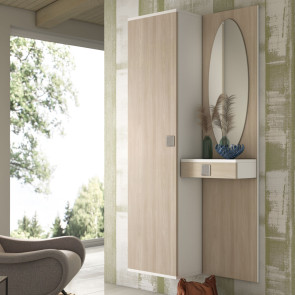 Hallway wall mounted cabinet with 1 door and side panel with mirror and drawer