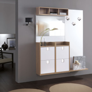 Hallway cabinet with space-saving shoe storage, mirror, shelf and coat hooks