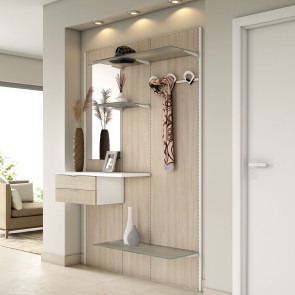 Hallway panelling system with hooks, shelves, drawers and a mirror