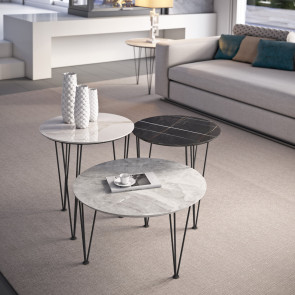 Piramide gres coffee tables with porcelain stoneware top in polished White Gold, polished Orobico Grey, polished Sara Noir Black