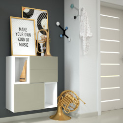 Wall mounted storage cabinet and multi coloured corner coat hooks