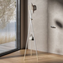 White metal coat stand with wooden details