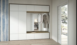 H16 is a slim wardrobe with bench, shoe cabinets, coat cupboards and mirrors