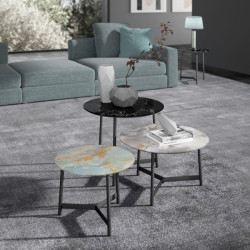 Composition of round side tables in black, grey or turquoise marble effect