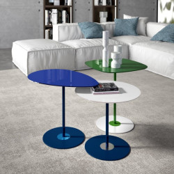 Composition of Crystal Square, Drop and Round coloured glass coffee tables
