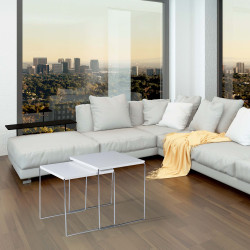 Nest of 2 square side tables with a elm, walnut, white, dove grey or concrete effect top and chromed legs