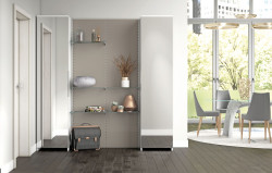 Hallway shoe and coat cabinets completed with a wall panel with shelves