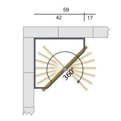 Technical sheet showing the 360° spinning mechanism and the amount of space required.