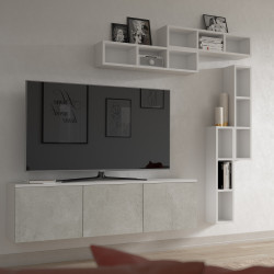 Shelves with compartments complete a floating media unit