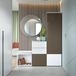 Modern hallway coat and shoe storage set, completed by a seat and a chest of drawers