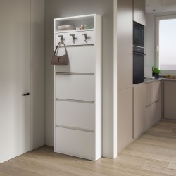 Slim shoe cabinet with coat hooks and an open compartment