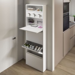 White shoe cabinet with a side table and valet tray compartment