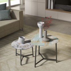 Set of round and triangle coffee table with marble effect tops