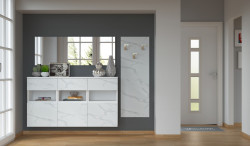 A multi-purpose solution that combines wall mounted cabinets with drawers, shoe storage units and a wall coat rack panel