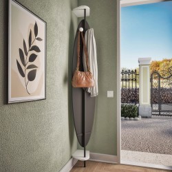 The rotating mirror integrates a coat hook panel at the back