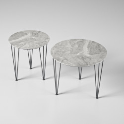 Ø 46 and 59 coffee tables with polished Orobico Grey top with marble effect and charcoal black metal legs