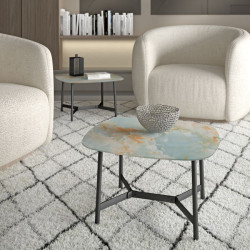 Square side table with turquoise marble effect printed glass top