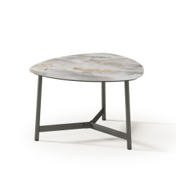 Triangular side table with marble effect glass top