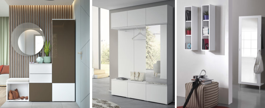 Collage con tre idee d'arredo con mobili da ingresso bianchi