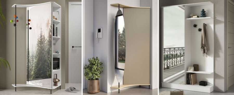 Collage di tre mobili da ingresso multiuso per un ingresso funzionale